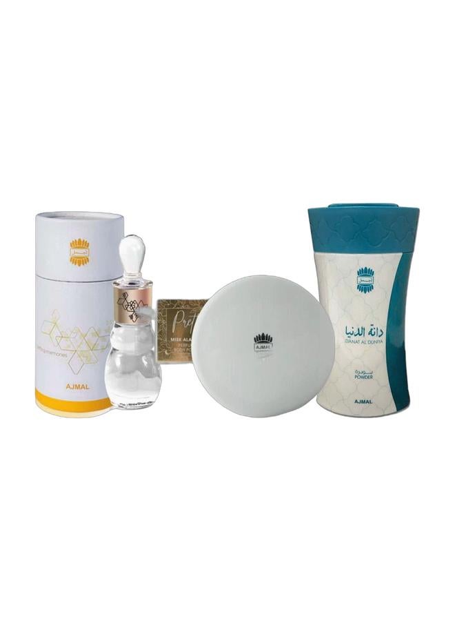 Ajmal بودرة دانات الدنيا (80 جرام)، بودرة ميسك العروس الجميلة (75 جرام) وعبوة المسك روز (12 جرام). - Image 1