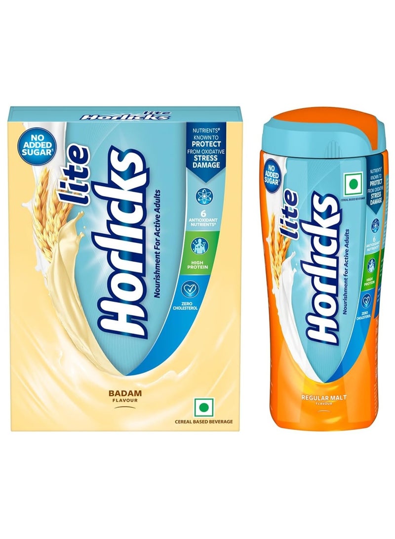 Horlicks Lite Badam Flavour Health & Nutrition Drink, 450g Refill Pack & Horlicks Lite Regular Malt Health & Nutrition Drink, 450g Jar COMBO - Image 1