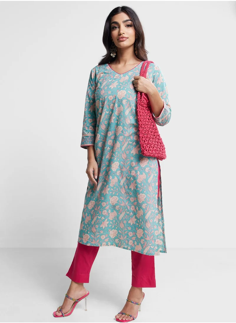 Fabindia V-Neck Floral Print Kurta & Pant Set