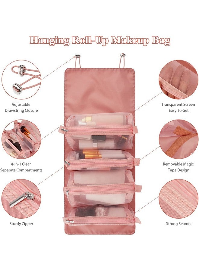 Afrodite Hanging Roll Up Travel Toiletry Bag For Women, Makeup Bag Travel Organizer Cosmetic Bag, 4 Removable Storage Bags, Waterproof, First Aid, Bathroom, Palette/Brush Holder, Peach - Image 3