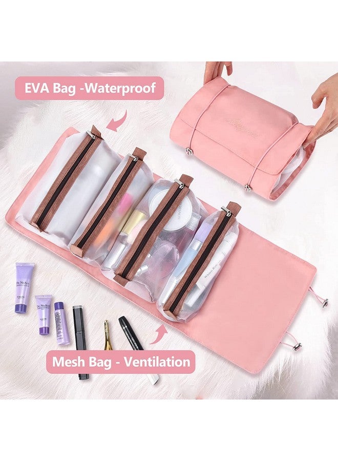 Afrodite Hanging Roll Up Travel Toiletry Bag For Women, Makeup Bag Travel Organizer Cosmetic Bag, 4 Removable Storage Bags, Waterproof, First Aid, Bathroom, Palette/Brush Holder, Peach - Image 4