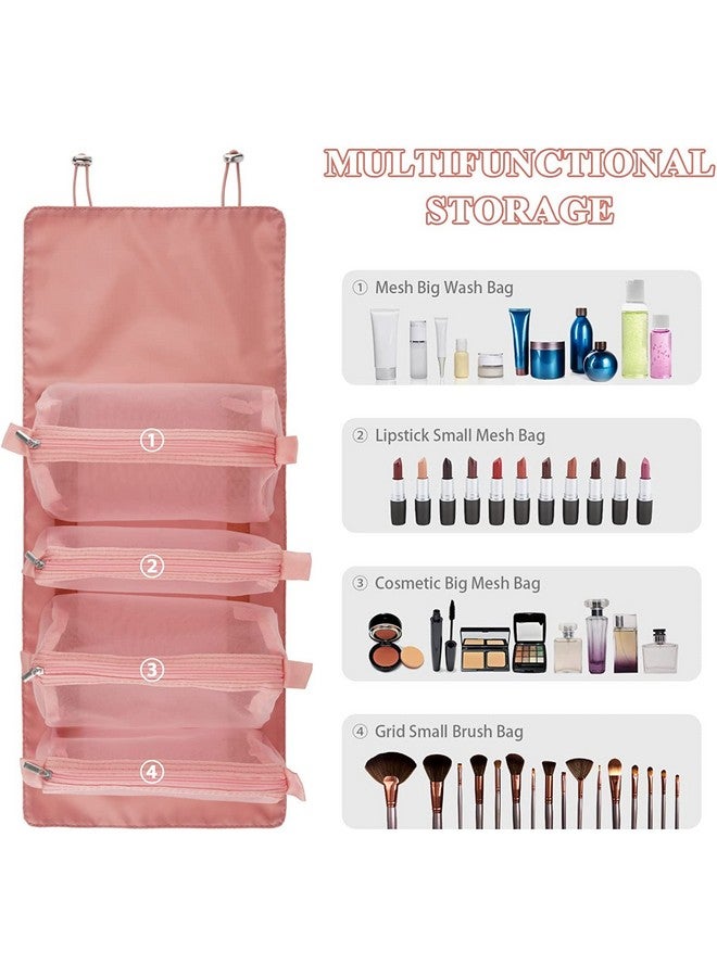 Afrodite Hanging Roll Up Travel Toiletry Bag For Women, Makeup Bag Travel Organizer Cosmetic Bag, 4 Removable Storage Bags, Waterproof, First Aid, Bathroom, Palette/Brush Holder, Peach - Image 2