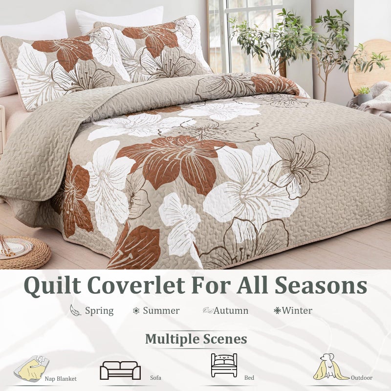 DJY Brown Quilt Set Queen Taupe Floral Pattern Quilt Coverlet Set Boho Floral Bedspread with 2 Pillow Shams Elegant Flower Bedding Quilt Set for All Season (3 Pieces, 90"x 96") - Image 2