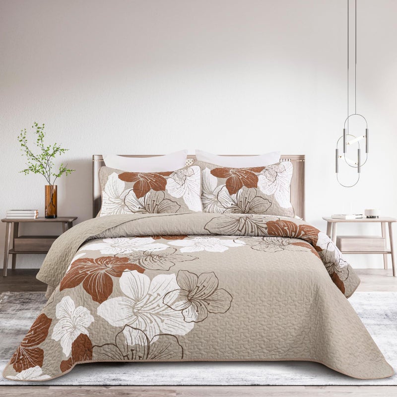 DJY Brown Quilt Set Queen Taupe Floral Pattern Quilt Coverlet Set Boho Floral Bedspread with 2 Pillow Shams Elegant Flower Bedding Quilt Set for All Season (3 Pieces, 90"x 96") - Image 1