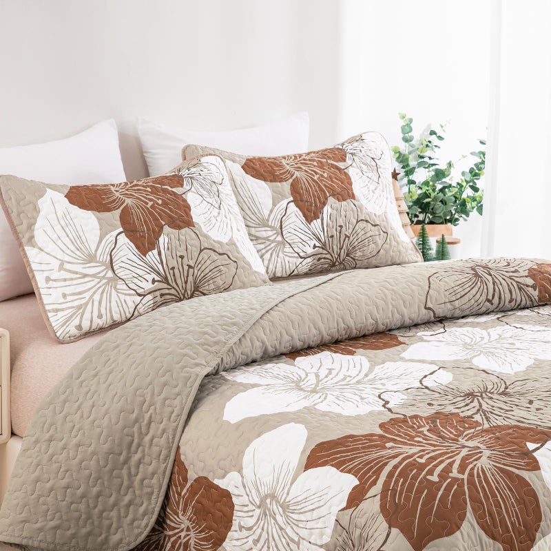DJY Brown Quilt Set Queen Taupe Floral Pattern Quilt Coverlet Set Boho Floral Bedspread with 2 Pillow Shams Elegant Flower Bedding Quilt Set for All Season (3 Pieces, 90"x 96") - Image 5