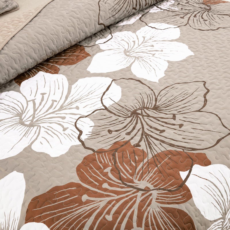 DJY Brown Quilt Set Queen Taupe Floral Pattern Quilt Coverlet Set Boho Floral Bedspread with 2 Pillow Shams Elegant Flower Bedding Quilt Set for All Season (3 Pieces, 90"x 96") - Image 3