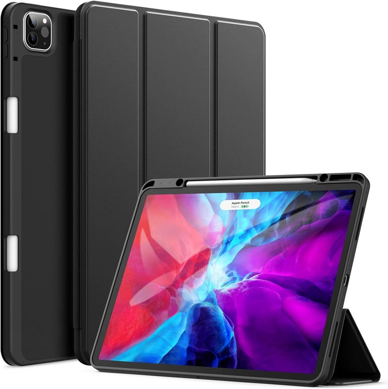 جي تيك حافظة لجهاز آيباد برو 12.9 بوصة موديل 2020/2018، الجيل الرابع/الثالث مع حامل أقلام، تدعم شحن القلم الثاني، غطاء رفيع للجهاز اللوحي مع ظهر ناعم من البولي يوريثان الحراري، خاصية الإيقاظ/السكون التلقائي، لون أسود - Image 1