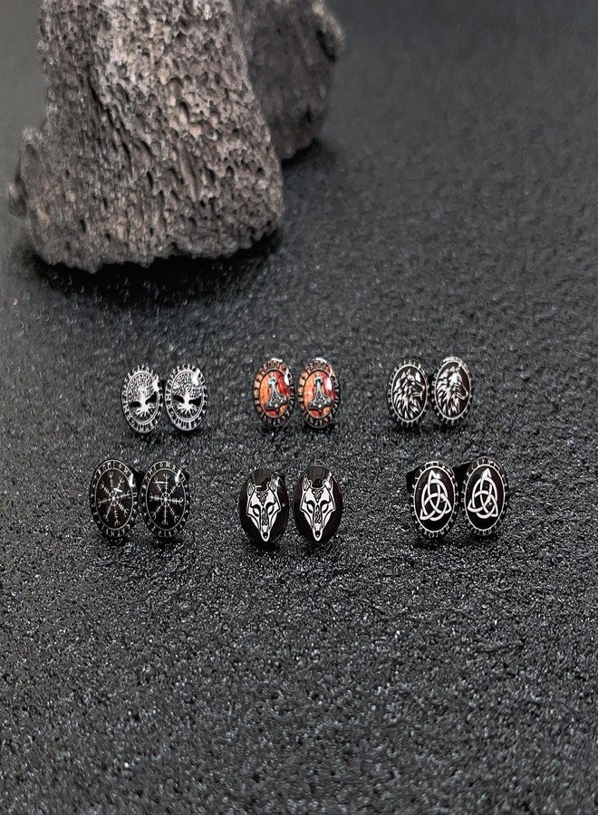 SIISPRI 6Pairs Norse Viking Stud Earrings Mens Earrings Set Hypoallergenic Surgical Stainless Steel Viking Runes Round Circle Button Stud Post Earrings 10MM (Black), Stainless Steel, No Gemstone - Image 5
