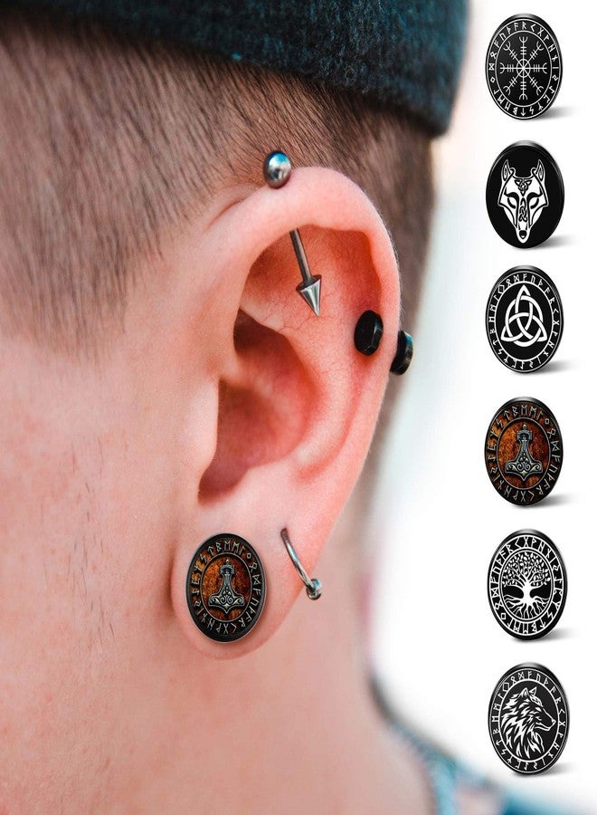 SIISPRI 6Pairs Norse Viking Stud Earrings Mens Earrings Set Hypoallergenic Surgical Stainless Steel Viking Runes Round Circle Button Stud Post Earrings 10MM (Black), Stainless Steel, No Gemstone - Image 2