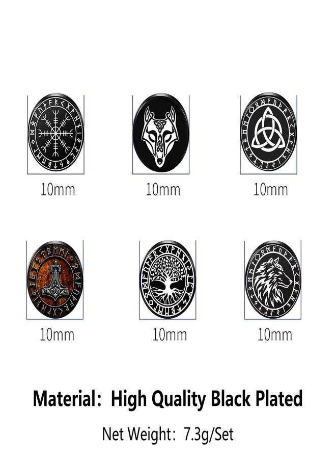 SIISPRI 6Pairs Norse Viking Stud Earrings Mens Earrings Set Hypoallergenic Surgical Stainless Steel Viking Runes Round Circle Button Stud Post Earrings 10MM (Black), Stainless Steel, No Gemstone - Image 3