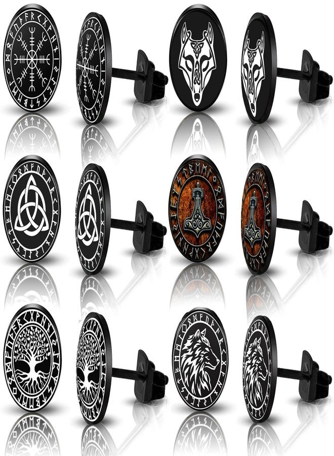 SIISPRI 6Pairs Norse Viking Stud Earrings Mens Earrings Set Hypoallergenic Surgical Stainless Steel Viking Runes Round Circle Button Stud Post Earrings 10MM (Black), Stainless Steel, No Gemstone - Image 1