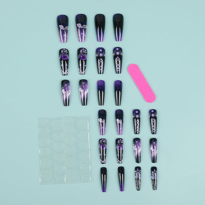 OCOUYVD 24 Pcs Press on Nails Long Square Nail Acrylic Gradient Purple Flower Design Black Purple French Tip Fake Nails Classic Glue Nail Full Cover Gel French False Nails for Artificial Women DIY Manicure - Image 4