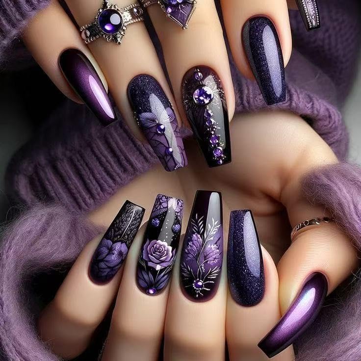 OCOUYVD 24 Pcs Press on Nails Long Square Nail Acrylic Gradient Purple Flower Design Black Purple French Tip Fake Nails Classic Glue Nail Full Cover Gel French False Nails for Artificial Women DIY Manicure - Image 1