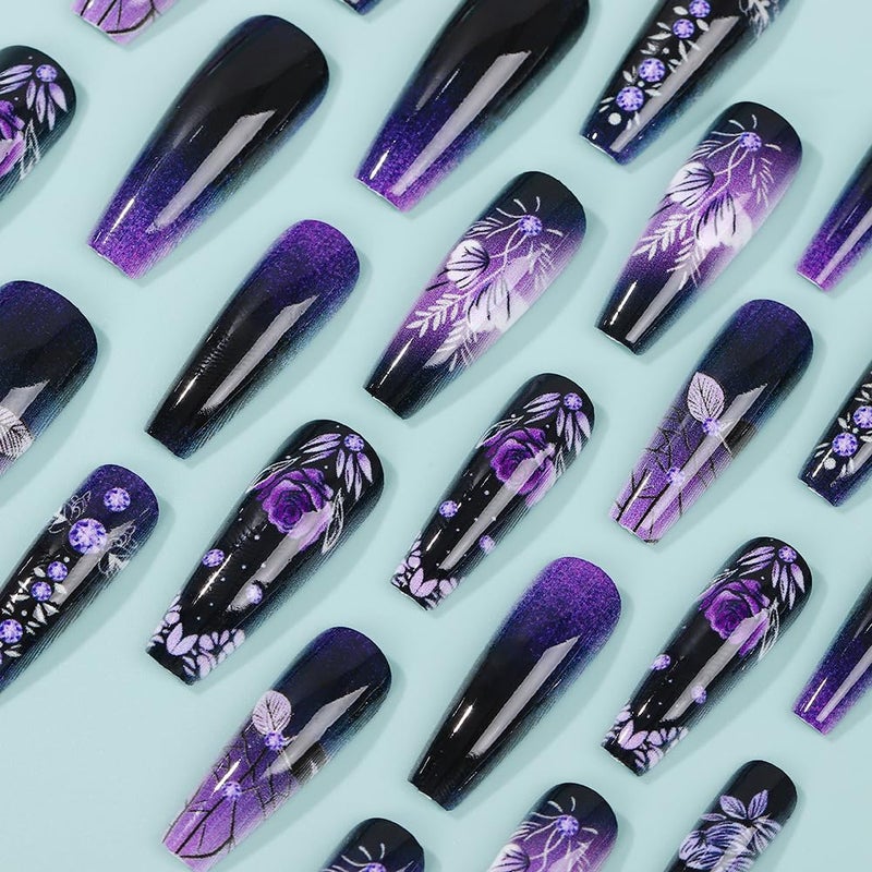 OCOUYVD 24 Pcs Press on Nails Long Square Nail Acrylic Gradient Purple Flower Design Black Purple French Tip Fake Nails Classic Glue Nail Full Cover Gel French False Nails for Artificial Women DIY Manicure - Image 3