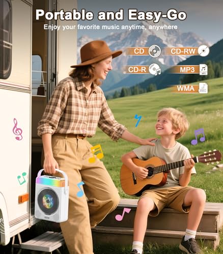 Greadio Portable CD Player with Bluetooth & RGB Lights, 4000mAh Rechargeable Personal CD Player with Speakers & Remote, Bass Boost, USB/TF/AUX Support, Portable Bluetooth CD Player for Home/Outdoor Use (White - Image 4