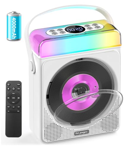 Greadio Portable CD Player with Bluetooth & RGB Lights, 4000mAh Rechargeable Personal CD Player with Speakers & Remote, Bass Boost, USB/TF/AUX Support, Portable Bluetooth CD Player for Home/Outdoor Use (White - Image 1