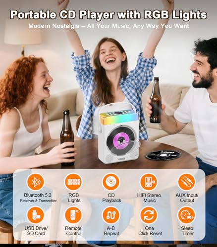 Greadio Portable CD Player with Bluetooth & RGB Lights, 4000mAh Rechargeable Personal CD Player with Speakers & Remote, Bass Boost, USB/TF/AUX Support, Portable Bluetooth CD Player for Home/Outdoor Use (White - Image 2