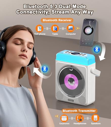 Greadio Portable CD Player with Bluetooth & RGB Lights, 4000mAh Rechargeable Personal CD Player with Speakers & Remote, Bass Boost, USB/TF/AUX Support, Portable Bluetooth CD Player for Home/Outdoor Use (White - Image 5