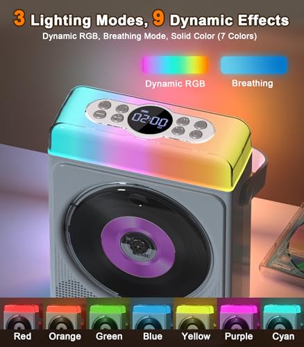 Greadio Portable CD Player with Bluetooth & RGB Lights, 4000mAh Rechargeable Personal CD Player with Speakers & Remote, Bass Boost, USB/TF/AUX Support, Portable Bluetooth CD Player for Home/Outdoor Use (White - Image 3