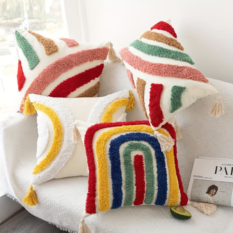 Yellow Stripes Tufted Nordic Geometric Cushion For Living Room Sofa And Bedroom - Image 1