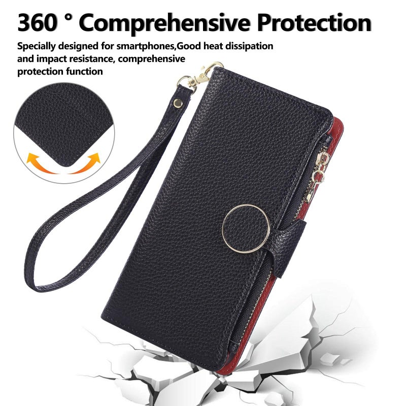 erorex For Samsung Galaxy A12 5G Round Buckle Zipper Wallet Leather Phone Case with Crossbody Strap(Black) - Image 4