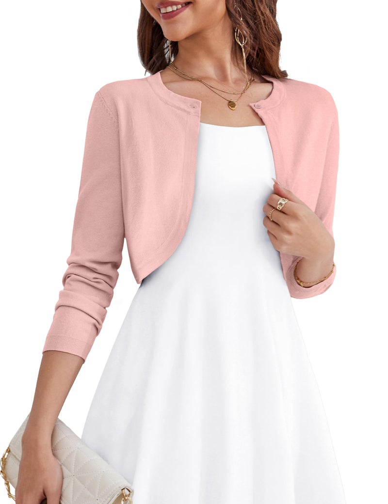 OmicGot Women's Long Sleeve Shrugs Open Front Cropped Cardigan Sweater for Dresses Peach L - Image 1