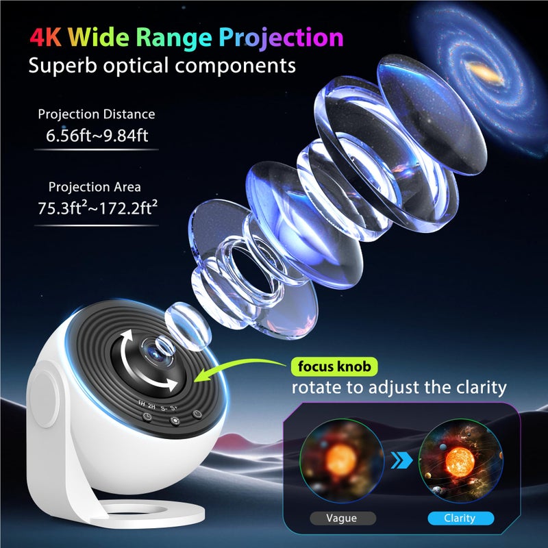 FlyEagle Galaxy Projector for Bedroom, HD Image Star Projector Galaxy Light Adjustable Knob, 13 Film Discs Planetarium Projector for Kids, 360Â° Rotating 1/2h Timer Simple 3-Button Control - Image 2