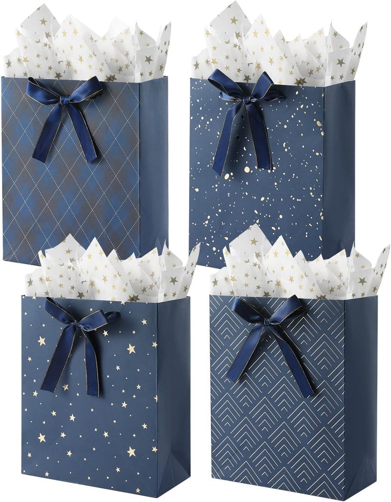 4 Pack Premium Blue Gift Bags with Tissue Paper - 9" Medium Size for Various Occasions - Image 1