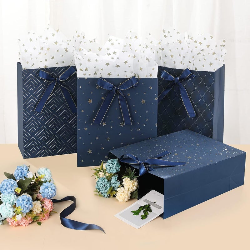 4 Pack Premium Blue Gift Bags with Tissue Paper - 9" Medium Size for Various Occasions - Image 2