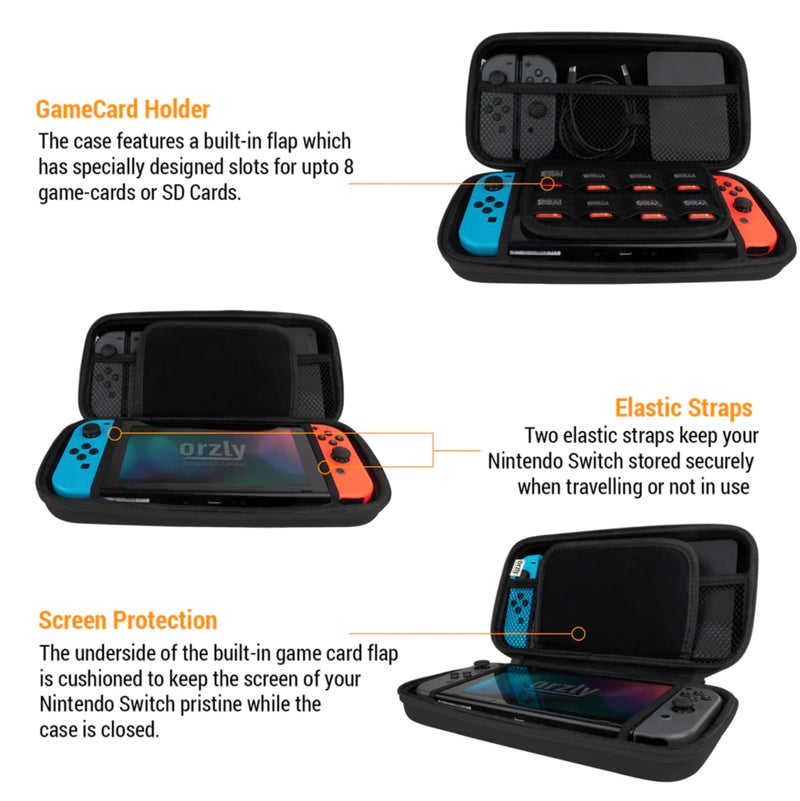 Orzly Carry Case Compatible with Nintendo Switch and New Switch OLED Console - Black Protective Hard Portable Travel Carry Case Shell Pouch with Pockets for Accessories and Games - Image 4