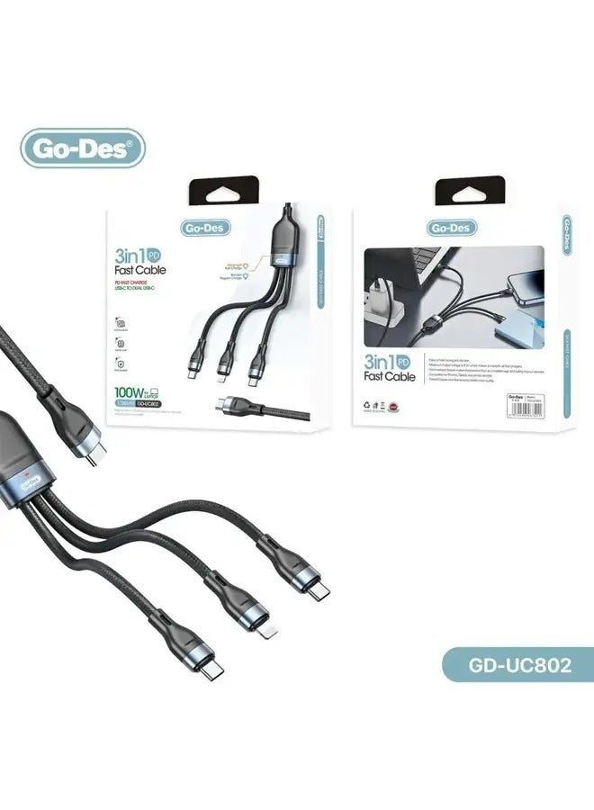 GD-UC802 3-in-1 PD Multiport Cable – Type-C to 2 Type-C and 1 Lightning Connector - Image 1
