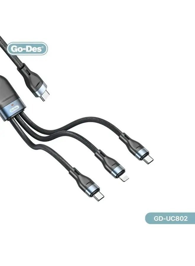 GD-UC802 3-in-1 PD Multiport Cable – Type-C to 2 Type-C and 1 Lightning Connector - Image 2