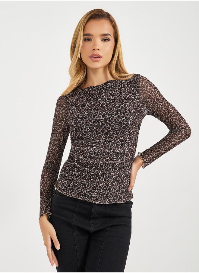 Styli - Animal Print Mesh Insert Knit Top - Image 1