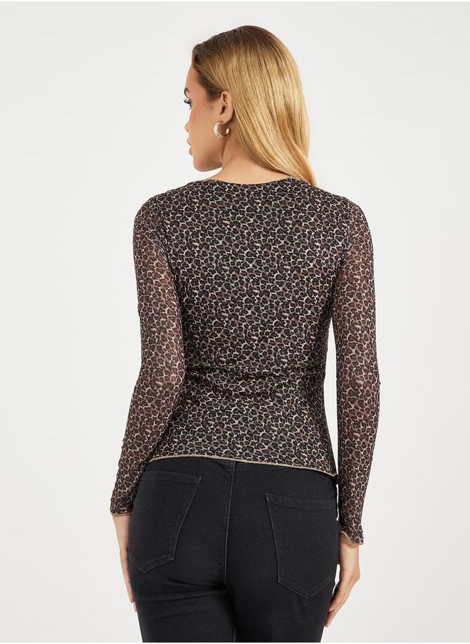 Styli - Animal Print Mesh Insert Knit Top - Image 1