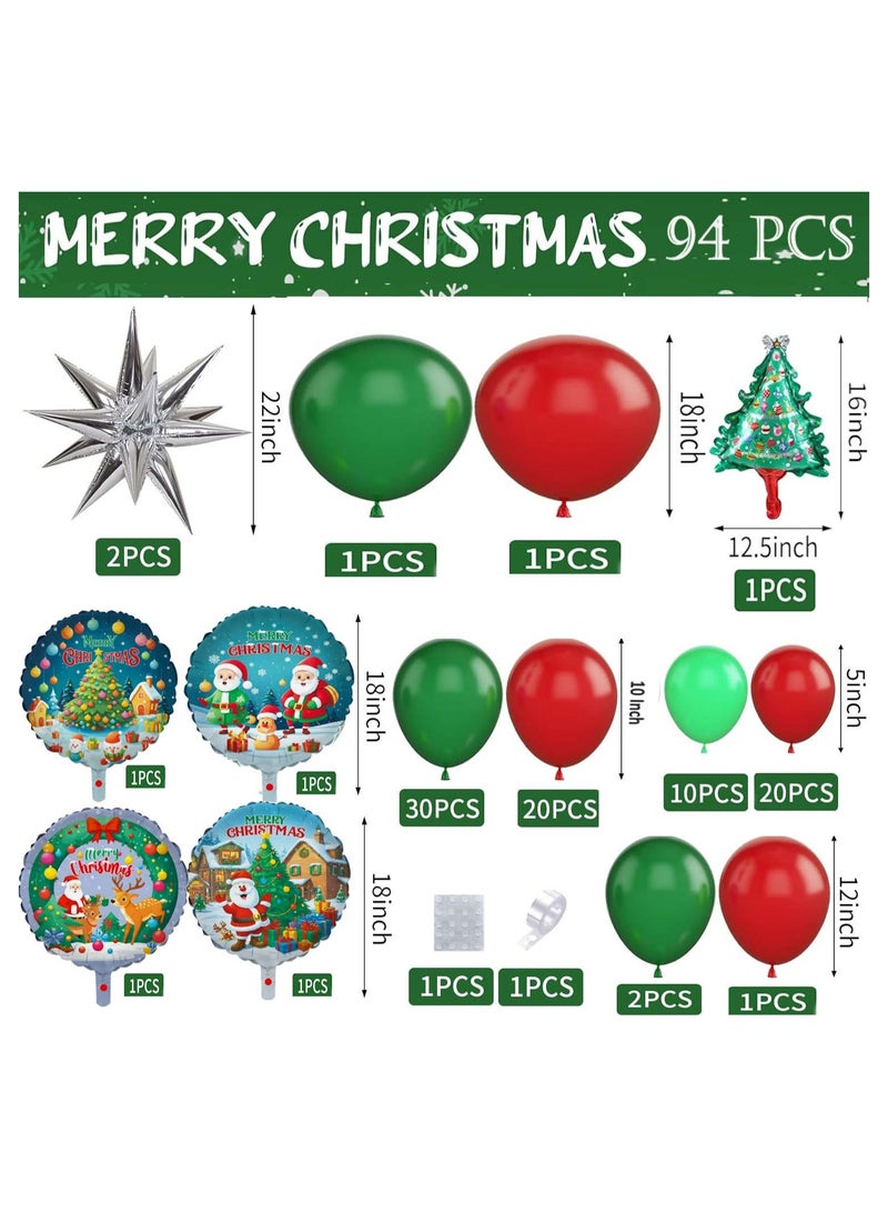 JOLLITY LLC طقم زينة البالونات باللون الأخضر والأحمر مع شجرة عيد الميلاد 18 بوصة بتصميم سانتا كلوز ونجم متفجر من الألمنيوم لزينة حفلات عيد الميلاد ورأس السنة 94 قطعة - Image 2