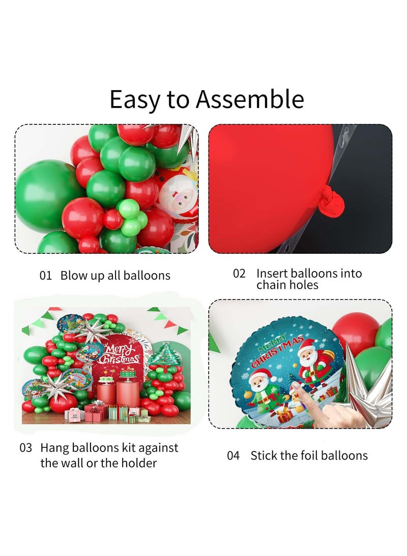 JOLLITY LLC طقم زينة البالونات باللون الأخضر والأحمر مع شجرة عيد الميلاد 18 بوصة بتصميم سانتا كلوز ونجم متفجر من الألمنيوم لزينة حفلات عيد الميلاد ورأس السنة 94 قطعة - Image 3
