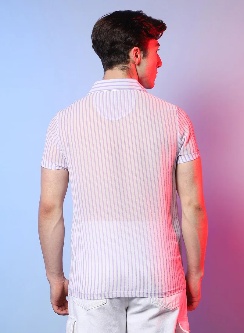 Campus Sutra Men's White & Lavender Unbalanced Striped Shirt