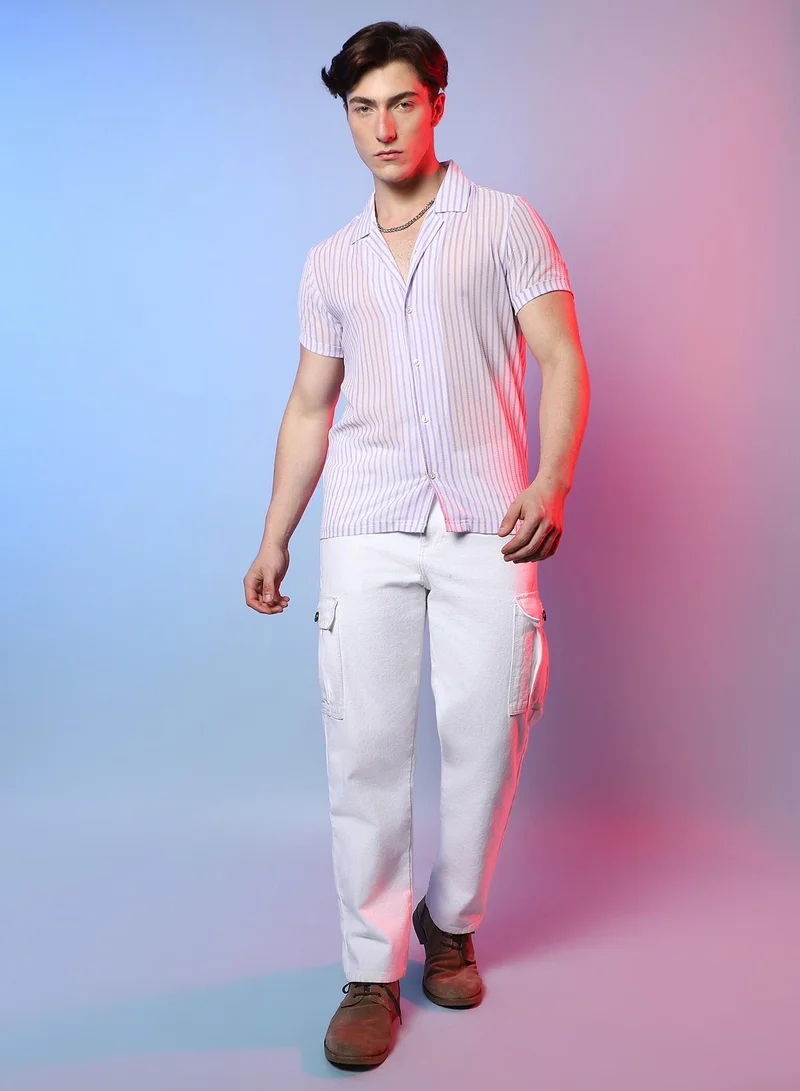 Campus Sutra Men's White & Lavender Unbalanced Striped Shirt