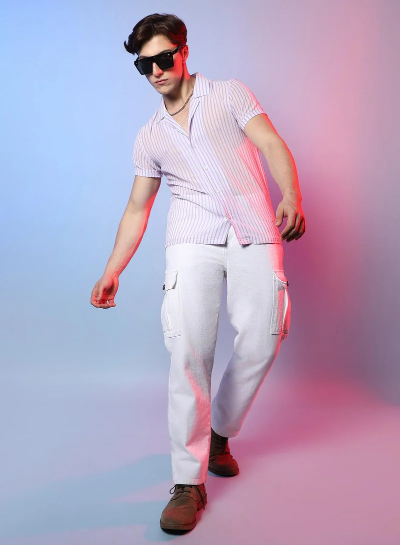 Campus Sutra Men's White & Lavender Unbalanced Striped Shirt