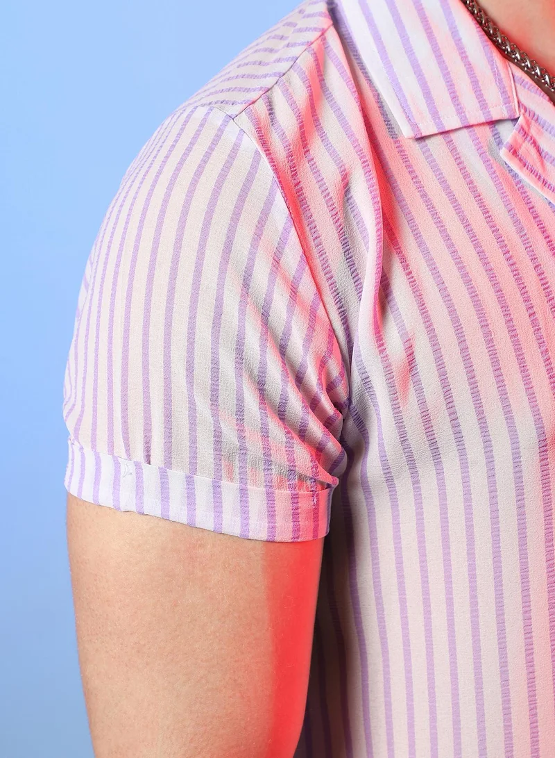 Campus Sutra Men's White & Lavender Unbalanced Striped Shirt