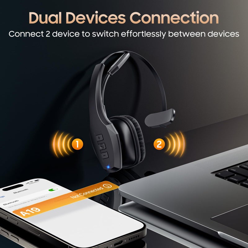 Necode Trucker Bluetooth Headset, Wireless Headset with Mic, Bluetooth Headset with Dual Noise Cancelling Microphone & Mute Button, 55Hrs Working Time PC Headset for Cell Phones, Computer, Truck Driver - Image 3