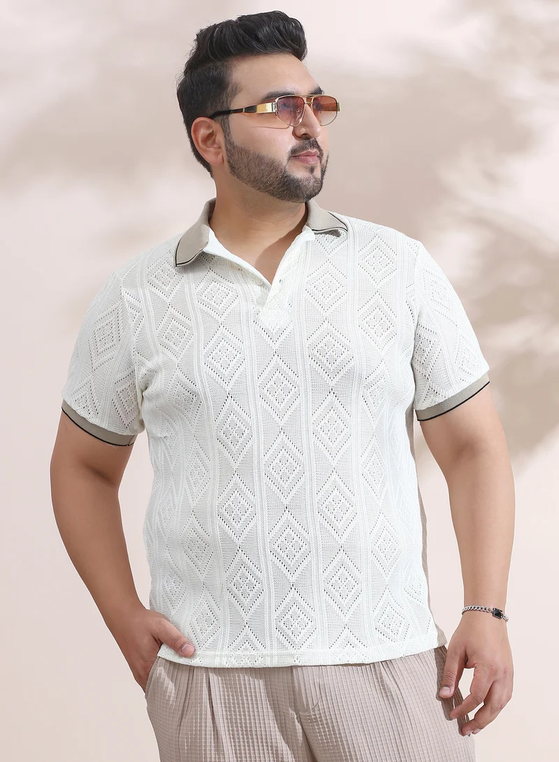 انستافاب بلس تيشيرت بولو رجالي مقاس بلس بلون أبيض وبيج بنقشة معينات