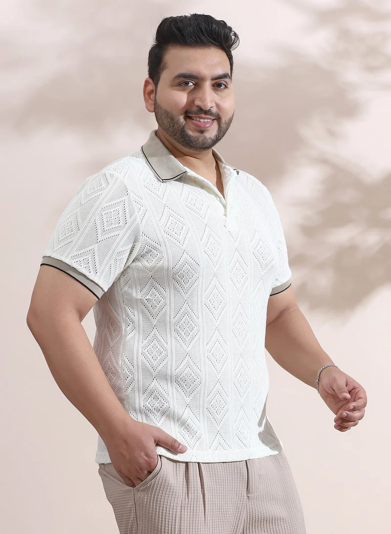 Instafab Plus Men's Chalk White & Sand Beige Contrast Rhombus Polo T-Shirt