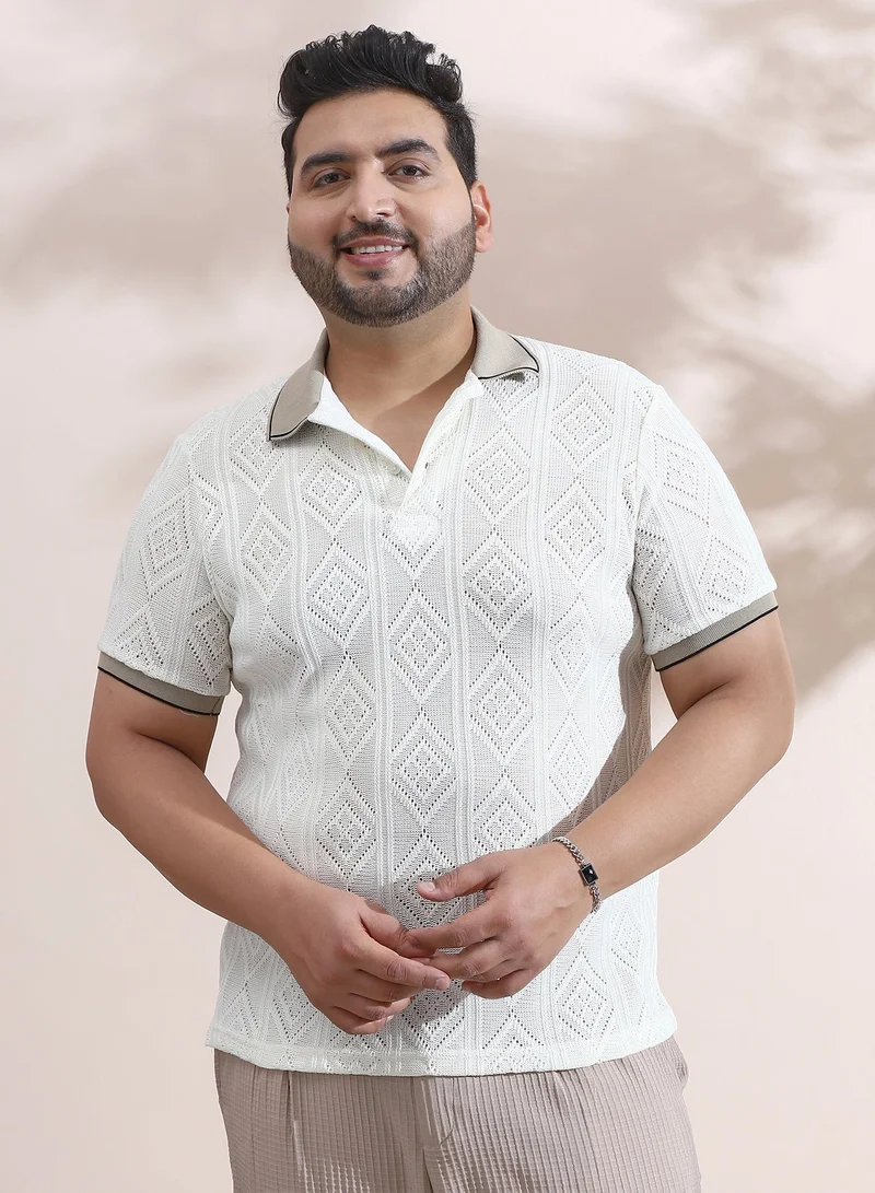 Instafab Plus Men's Chalk White & Sand Beige Contrast Rhombus Polo T-Shirt