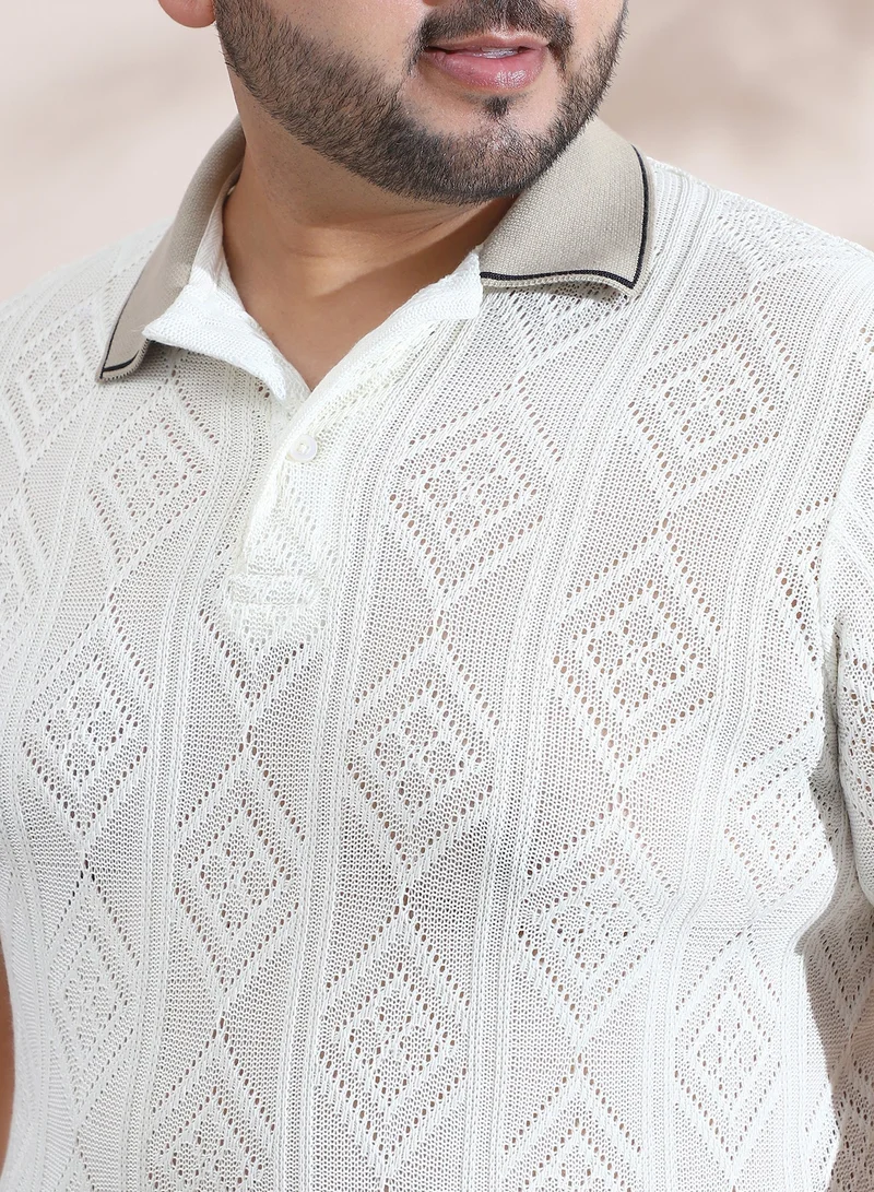 Instafab Plus Men's Chalk White & Sand Beige Contrast Rhombus Polo T-Shirt