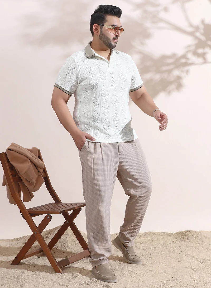 Instafab Plus Men's Chalk White & Sand Beige Contrast Rhombus Polo T-Shirt