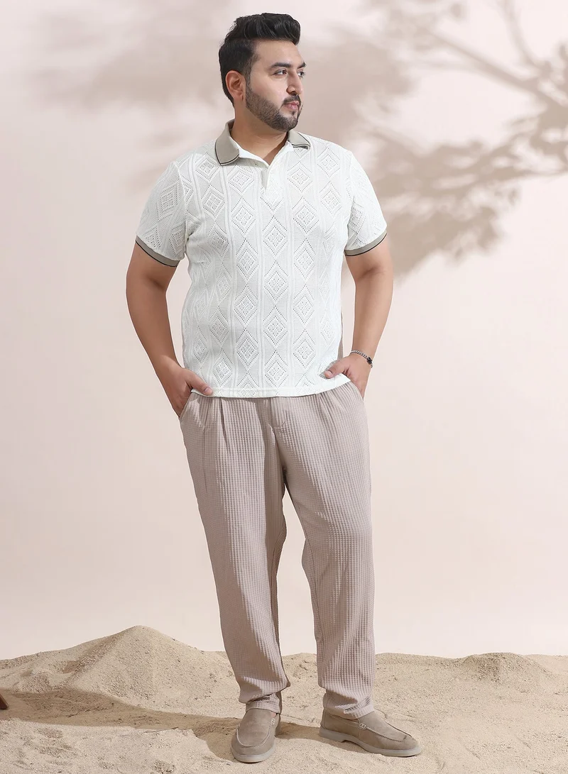 Instafab Plus Men's Chalk White & Sand Beige Contrast Rhombus Polo T-Shirt