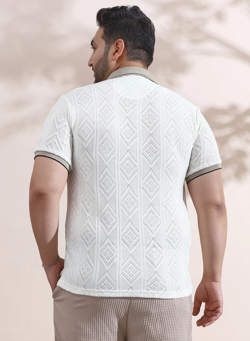 Instafab Plus Men's Chalk White & Sand Beige Contrast Rhombus Polo T-Shirt