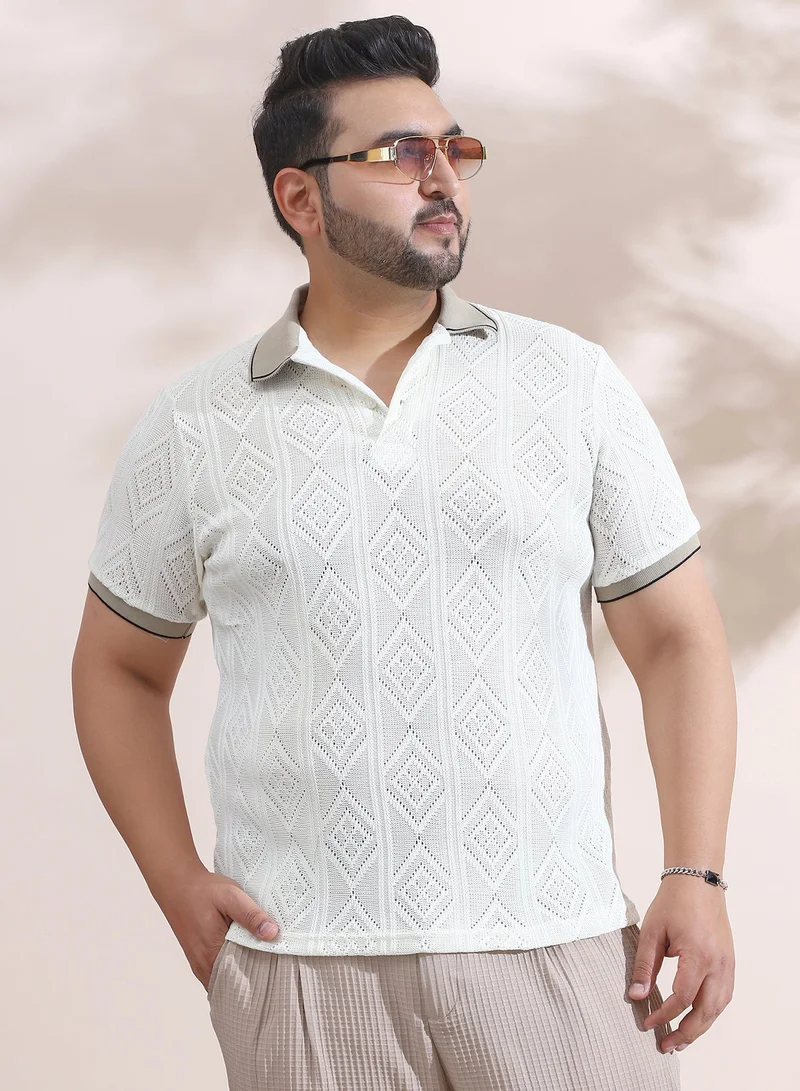 Instafab Plus Men's Chalk White & Sand Beige Contrast Rhombus Polo T-Shirt