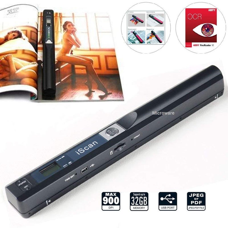 Microware Portable Handheld Wand Wireless iScan Document & Images Scanner A4 Size 900DPI JPG/PDF Format LCD Display for Business Reciepts Books etc. - Image 2